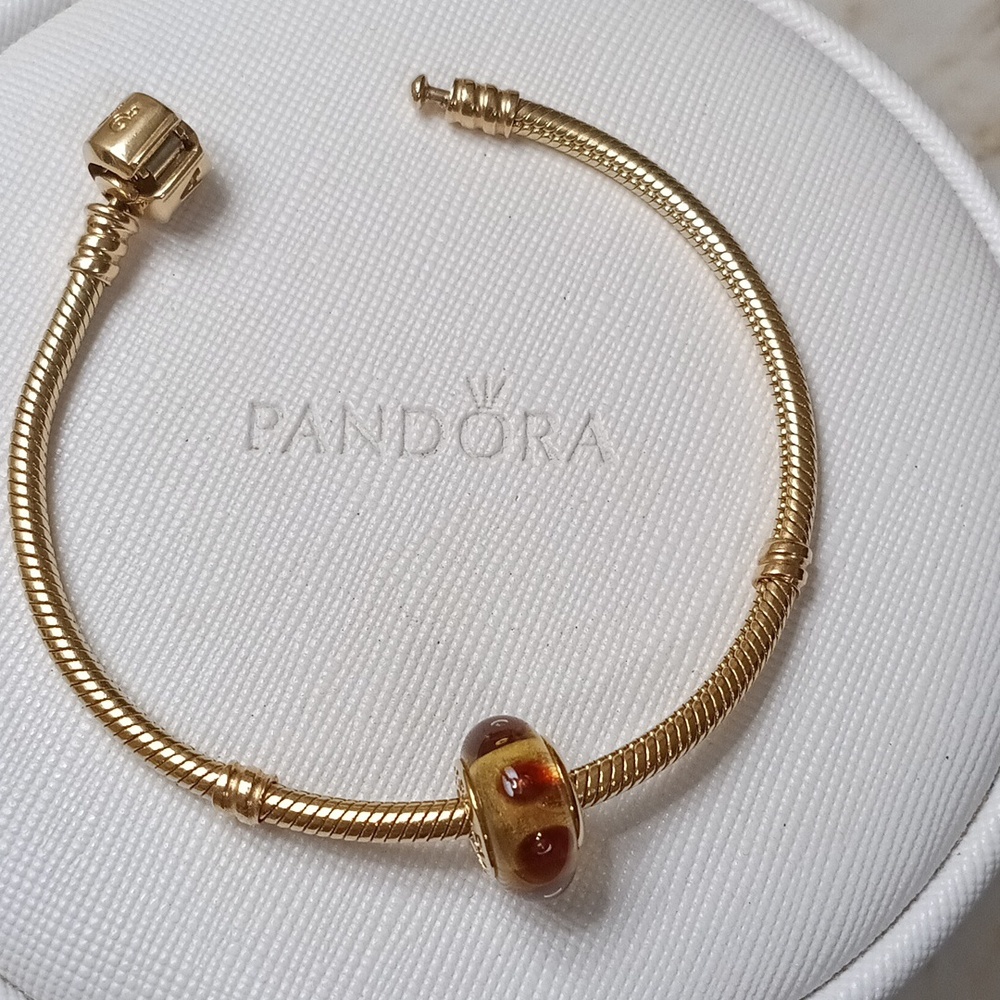 Pandora Solid 14k Gold Core Brown Mystic Murano No Scratches (Charm Only)